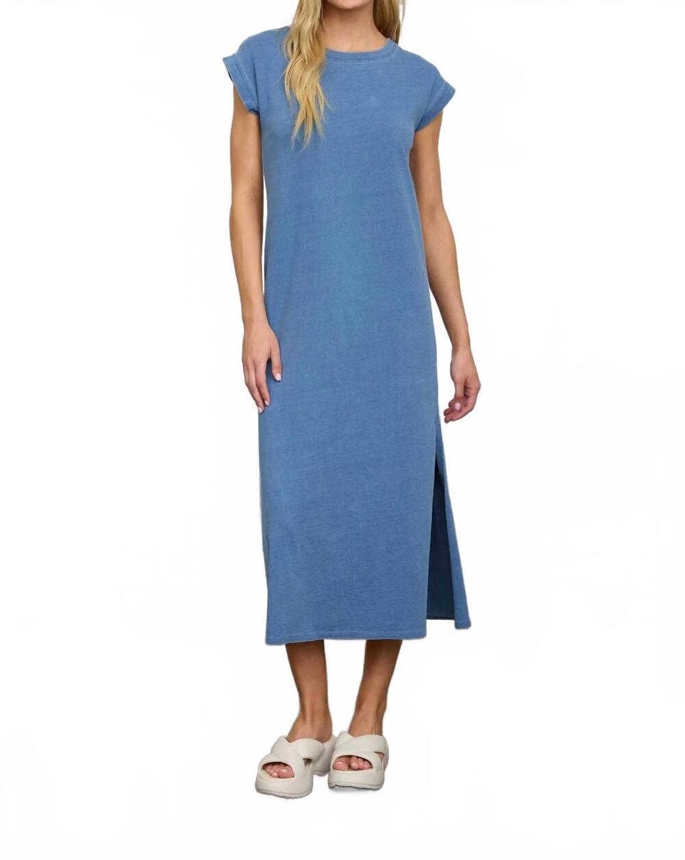 NEW JOA short sleeve side slit detail knit t-shirt midi dress in dark denim